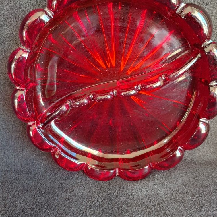 Antique Glass Dish Depression Ruby Red Cranberry Ashtray Bowl Heavy Scalloped Rare