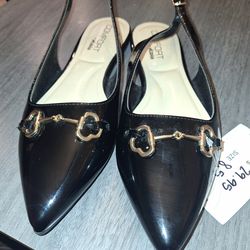 Women's Size 8.5 Black BERNESS Rio Patent Slingback Flats with Gold Buckle