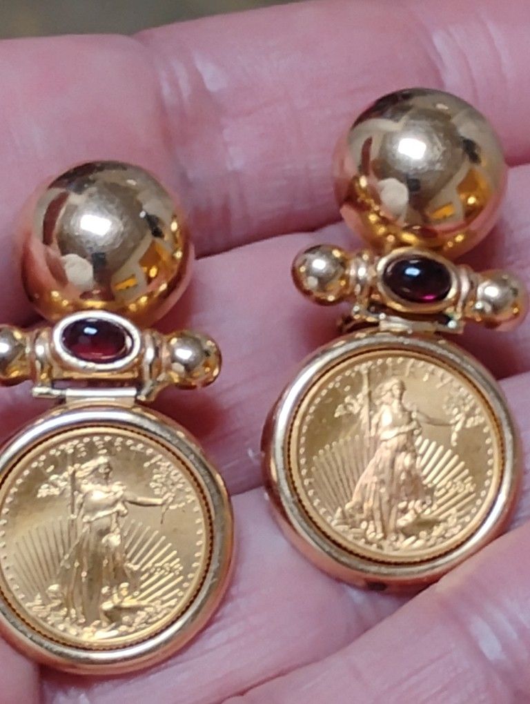 14k Earings & Garnets 22k Real 1996 Coins