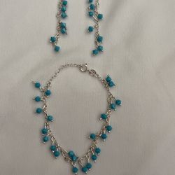 Sterling Silver 925  Turquoise Bead  Bracelet & Earrings Set