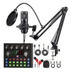 Podcast Equipment Bundle, Recording Studio Package with Podcast Microphone and Voice Changer, Live Sound Card - Audio Interface for Laptop Computer Vl