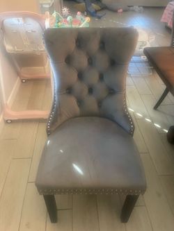 Six Grey dinette chairs for sale asking $150 for all six.