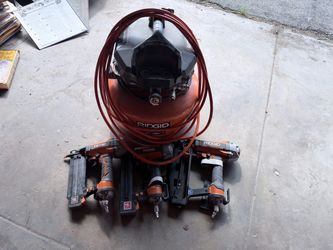 RIDGID Air Compressor + 3 Pneumatic Nailers 16/18 GA + Hose
