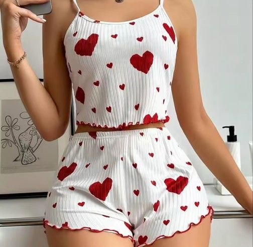 Top and Shorts White with Red Heart Pattern Comfortable Sleepwear