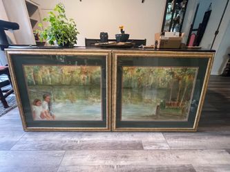 Framed art - boy and girl - at the lake - 2 piece