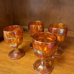 Vintage Iridescent Marigold Paneled Carnival Glass Water Goblets