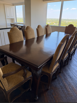 Elegant Traditional Dark Wood Dining Room Table, Vintage High-Back Tapestry Dining Chairs