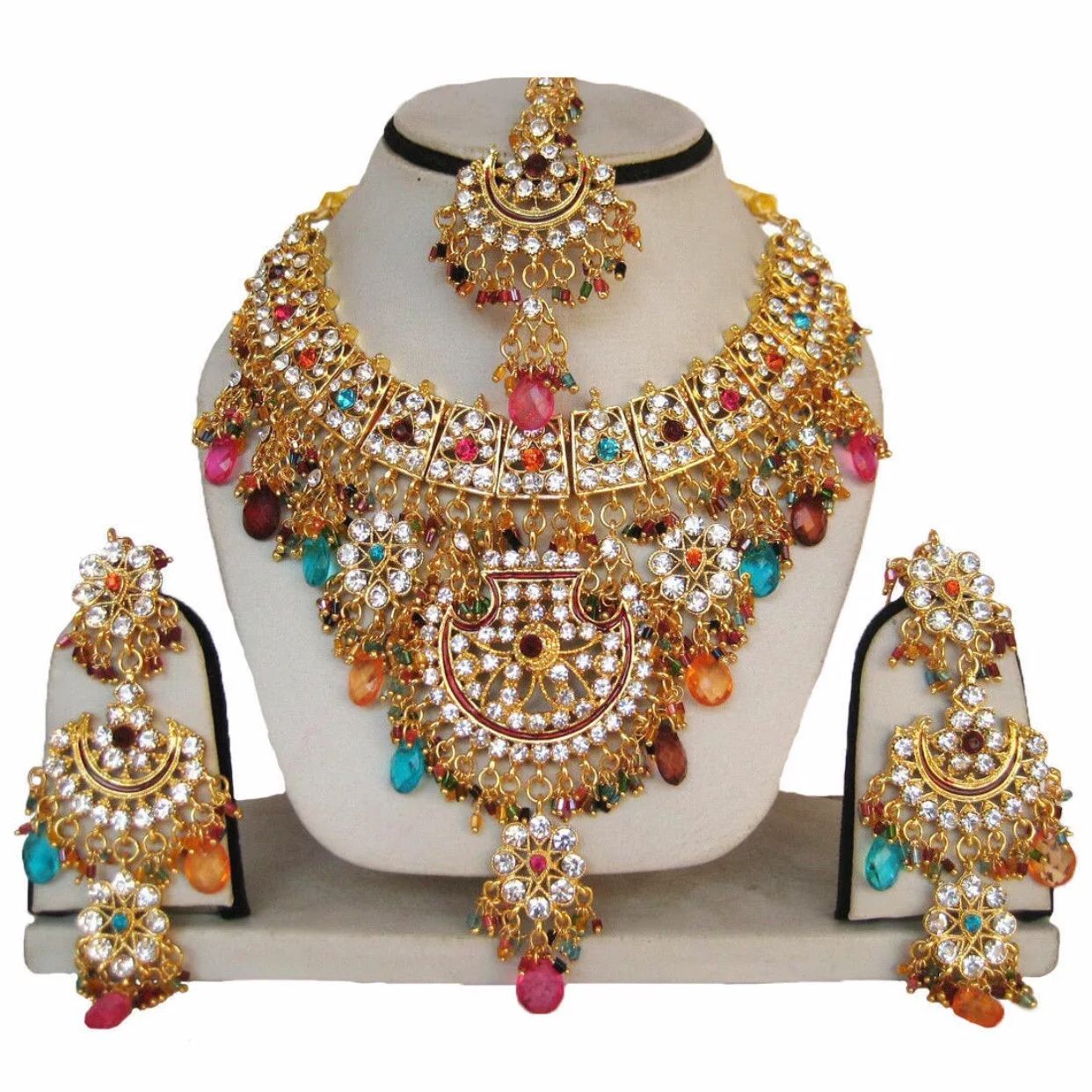 Gold plated Kundan Bollywood Bridal Wedding Eid Party CZ Jewelry Set Tikka Earrings Accessory multicolor