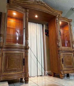 Glass Cabinets With Glass Shelves & Lights- Solid Wood- Good Condition
