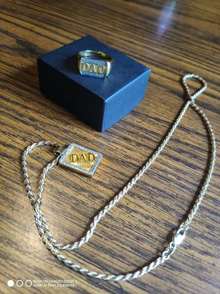 Dad Gold Plated Over Silver Men's Ring And Necklace