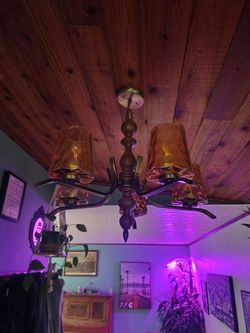 1970s amber glass and wood chandelier