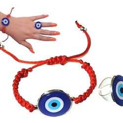 ADJUSTABLE 1 INCH CHARM EVIL EYE BRACELET RING SET RED STRING PROTECTION AGAINST THE BAD ENERGY JUEGO DE OJO TURCO PULCERA ANILLO CONTRA EL MAL DE OJO