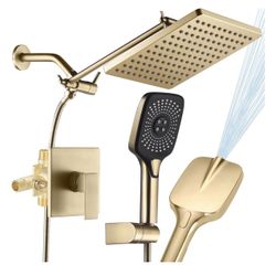 SUNZOE Shower Faucet Set Brushed Gold Rough-in Anti-Scald Pressure Balanced Valve Body Modern Luxury Wall Mounted 10 Inch Rain