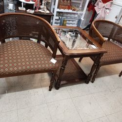 Rattan Barrel Chairs Set Of 2 & Side Table 