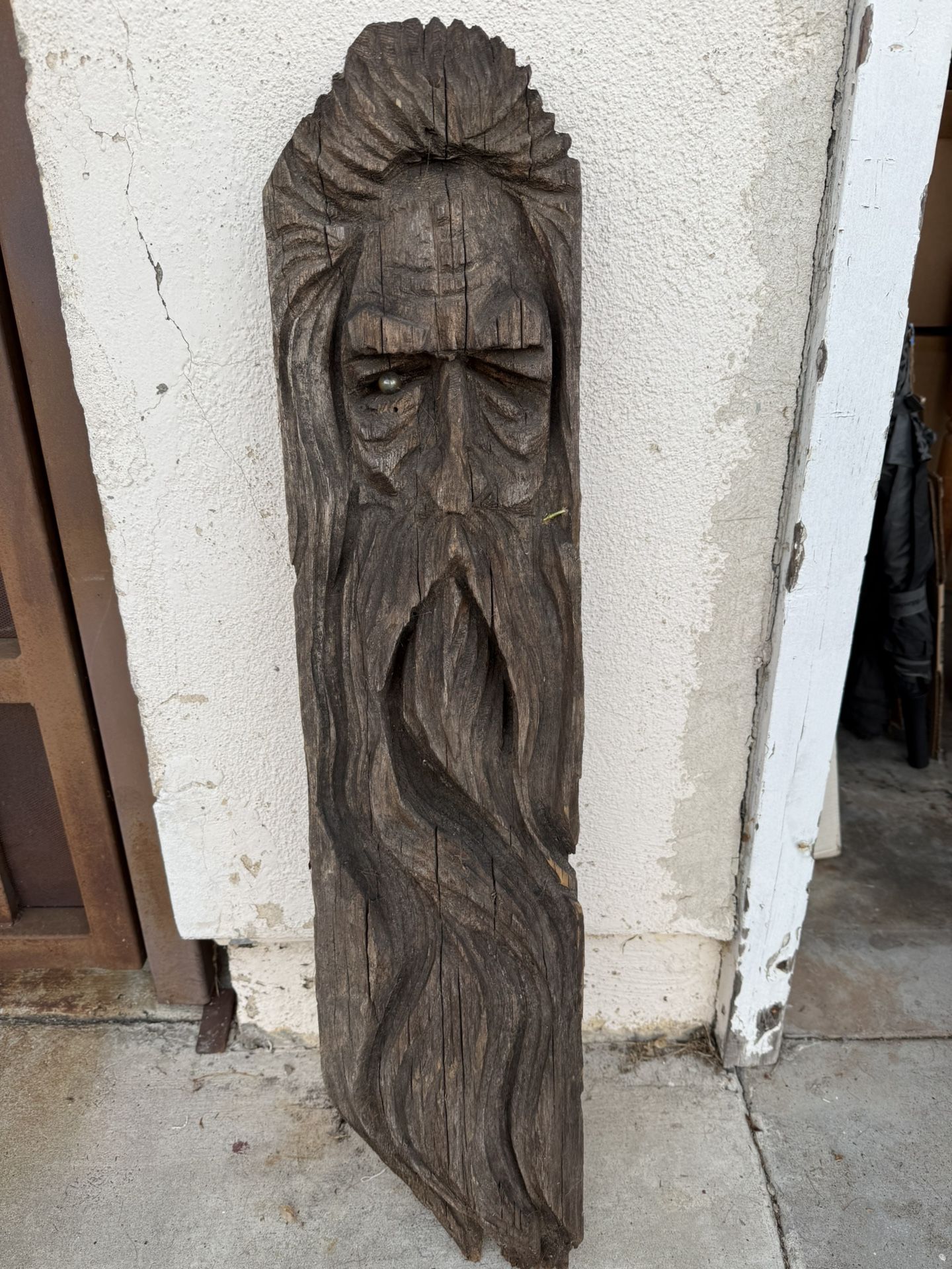 Vintage Hand Carved Folk Art Burl Wood Spirit Bearded Man 3ft”