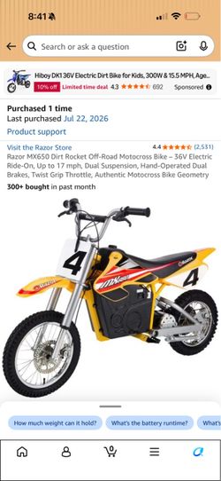 Razor MX650 Dirt Rocket Off-Road Motocross Bike - 36  Electric Ride-On, Up to 17 mph,