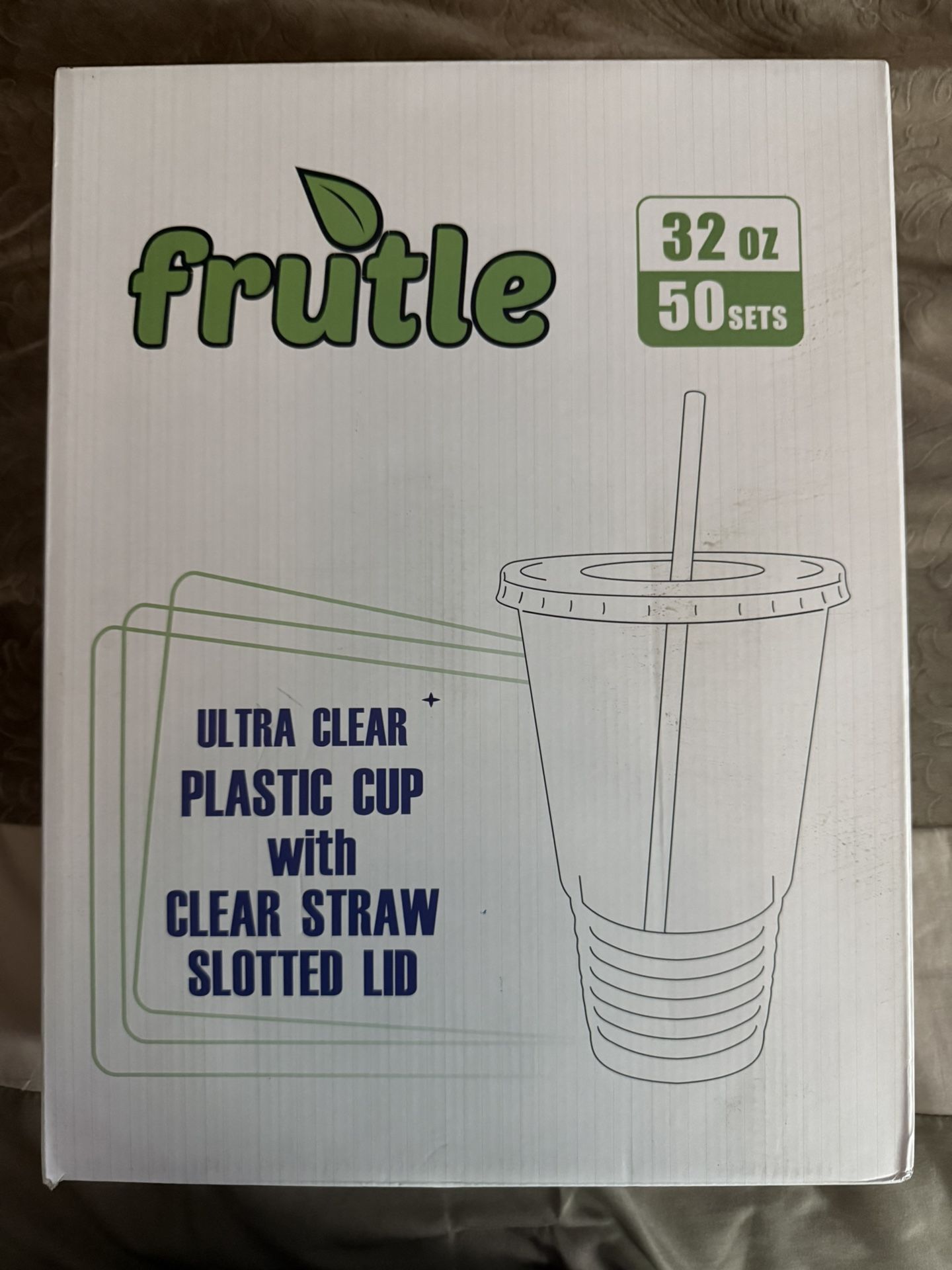 50 Disposable Plastic Cup, Lid, & Straw Sets. New In Box. Never Opened.