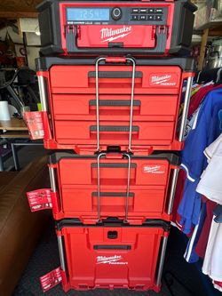 Milwaukee m18 radio charger and 3 packout boxes new