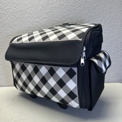 Plaid Black & White Rolling Tote Sewing Machine Wheeled Carrier Storage Bag