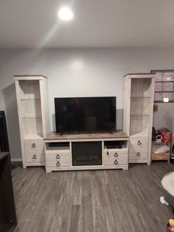 Whitewash Entertainment Center with Fireplace Insert