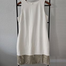 ✨ Harper Rose White Shift Dress with Gold Sequin Hem – Size 12P ✨
