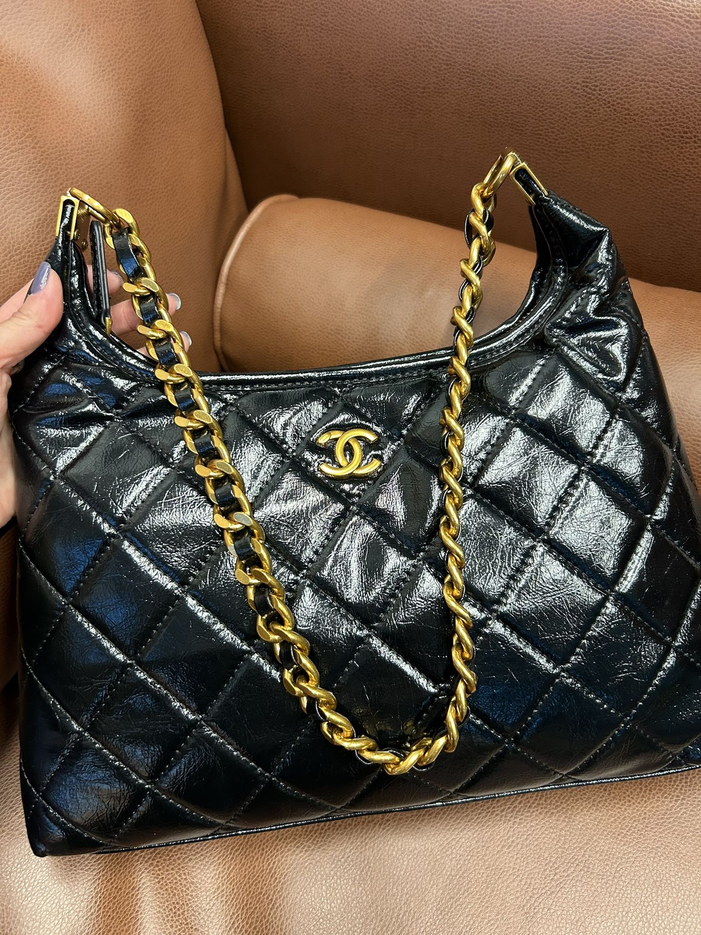 Chanel Bag Real Leather Shinny Black Large Size