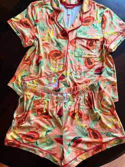Joyspun Womens L 12-14 Tropical Papaya Fruit Pajama Set Short Sleeve Shorts Notch Collar