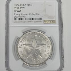 1 Peso 1934 Silver Cuba Ngc MS 63