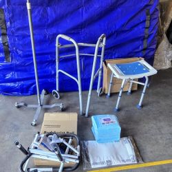 Walker, Shower Chair, Bed Assist, IV Holder, New Bed Pads all Like New, Medical pads, IV tubing 

Everything is in like New condition 