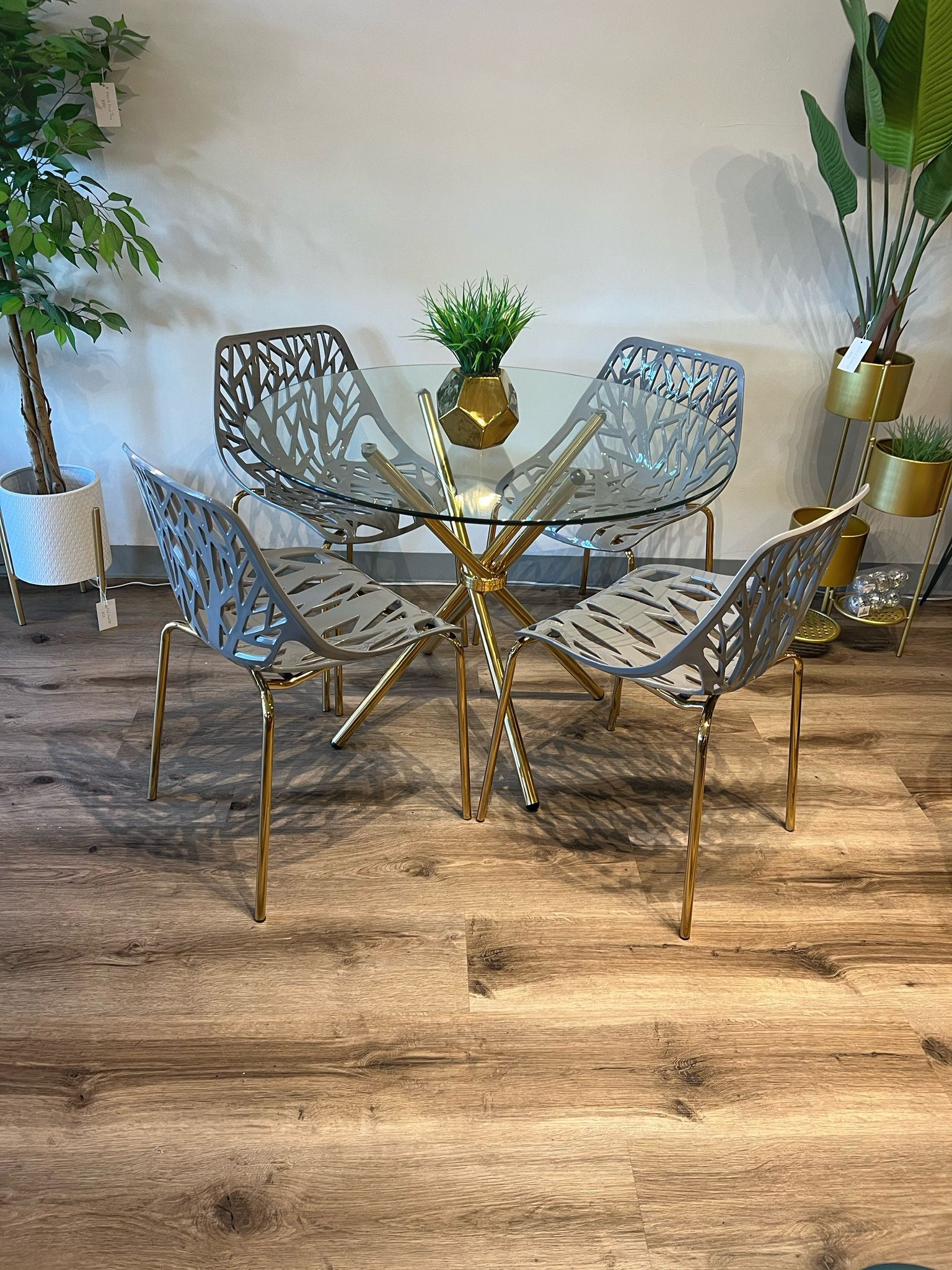 Gray Gold Modern Glass Dining Set For 4