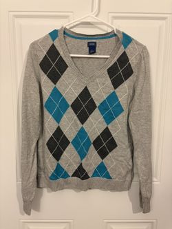 Izod Women’s Medium 100% Cotton Pullover Grey & Teal Diamond Pattern Sweater
