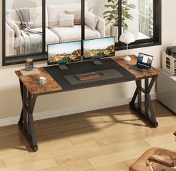 63 inch Large Office Desk, Study Writing Table with Thicken Frame, Gaming Desk, Brown/Blank