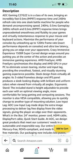 AOC 27 Curved Frameless Ultra-Fast Gaming Monitor, FHD 1080p, 0.5ms 240Hz,  FreeSync, HDMI/DP/VGA, Height Adjustable, 3-Year Zero Dead Pixel