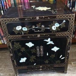 Vintage, Oriental Black Lacquer End Table with Drawers and Doors (14” X 22” X 24”)