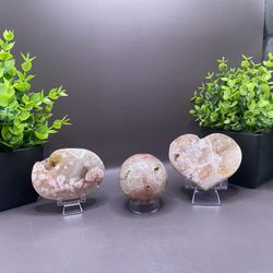 Pink Amethyst/Flower Agate Mixed Crystal Heart 170g 32.”x 2.8” Sphere 185g 57mm , Palm Stone 161g 3.2”x2.3”