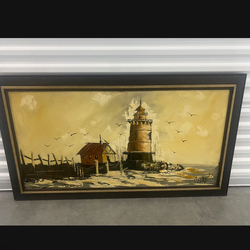 Vintage Mid Century Painting Of A Lighthouse