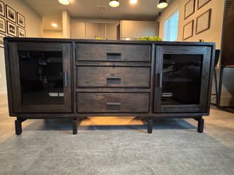 Solid Wood TV Stand 80 Media Console Industrial Sideboard Glass