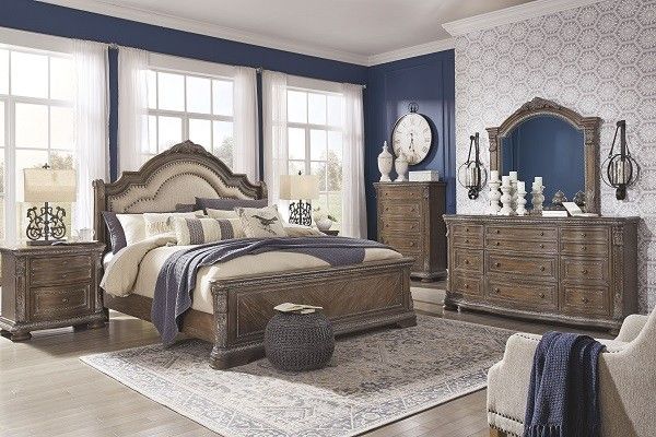 Brown 7Pc.Dresser Mirror Queen Upholstered Sleigh Bed 2 Nightstands