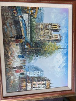 mid-to-late 20th-century Parisian "decor" street scene depicting the Seine riverbank with the Notre-Dame Cathedral in the background.