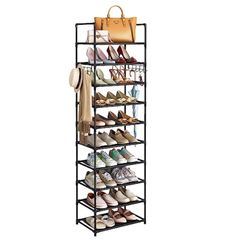 10 Tiers Shoe Rack for Entryway, Tall Narrow Shoe Shelf Storage 20-24 Pairs of Shoes and Boots, Sturdy Shoe Storage with Hooks, Space-Saving Shoe Orga