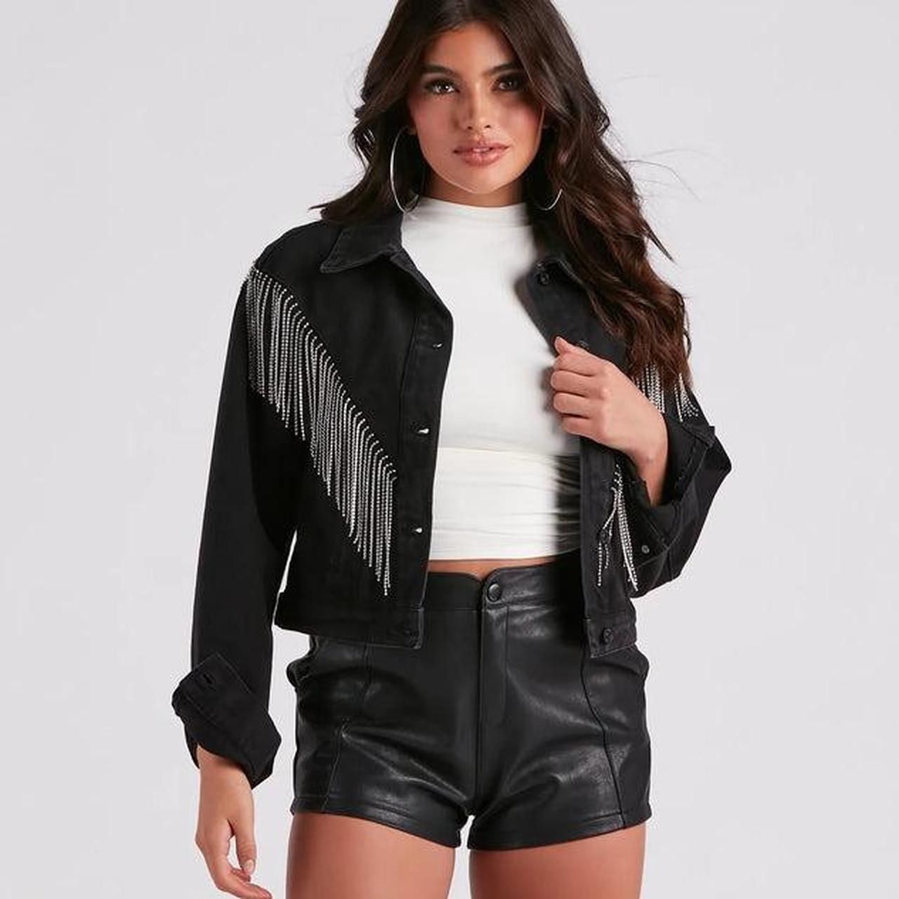 Windsor Womens Black Denim Gem Tassel Jacket size M