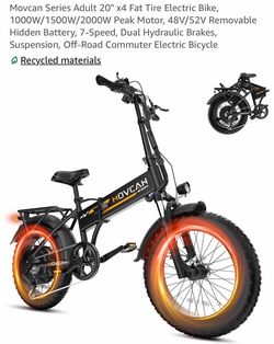 Movcan Series Adult 20" x4 Fat Tire Electric Bike, 1000W/1500W/2000W Peak Motor, 48V/52V Removable Hidden Battery, 7-Speed, Dual Hydraulic Brakes, Sus