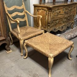Set of Rattan/Wicker & Wood Chair and Ottoman Set 