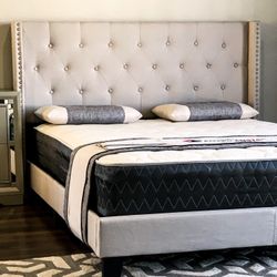 Brand New King Size Beige Tuffed Linen Bed Frame With New Mattress/Fast Delivery 