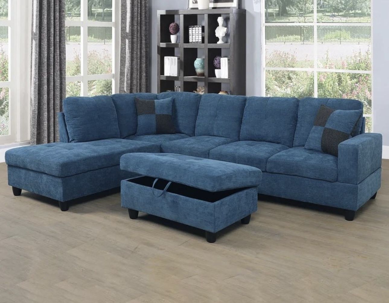 Blue Microfiber Sectional Couch And Ottoman