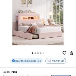HOSTACK Full LED Bed Frame with Storage Headboard and Charging Station, Girls Bed Frame with 4 Drawers and USB Ports, Velvet Upholstered Platform Bed 