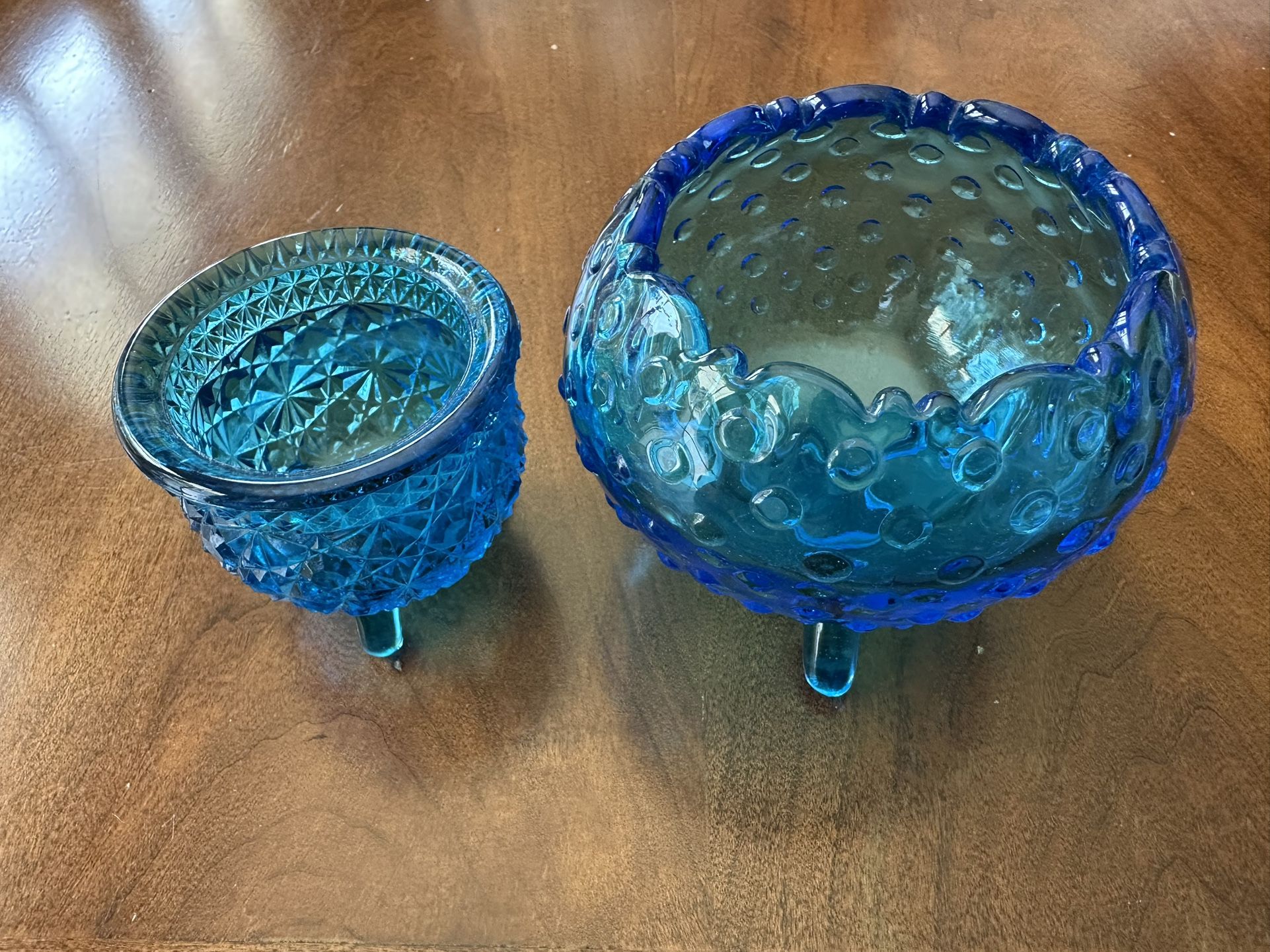 Vintage Blue Depression Carnival Style Glass 3 Footed Bowl Trinket Dish
