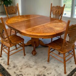 Vintage Brown Oak Extending Round Dining Table & 4 Pressback Chairs