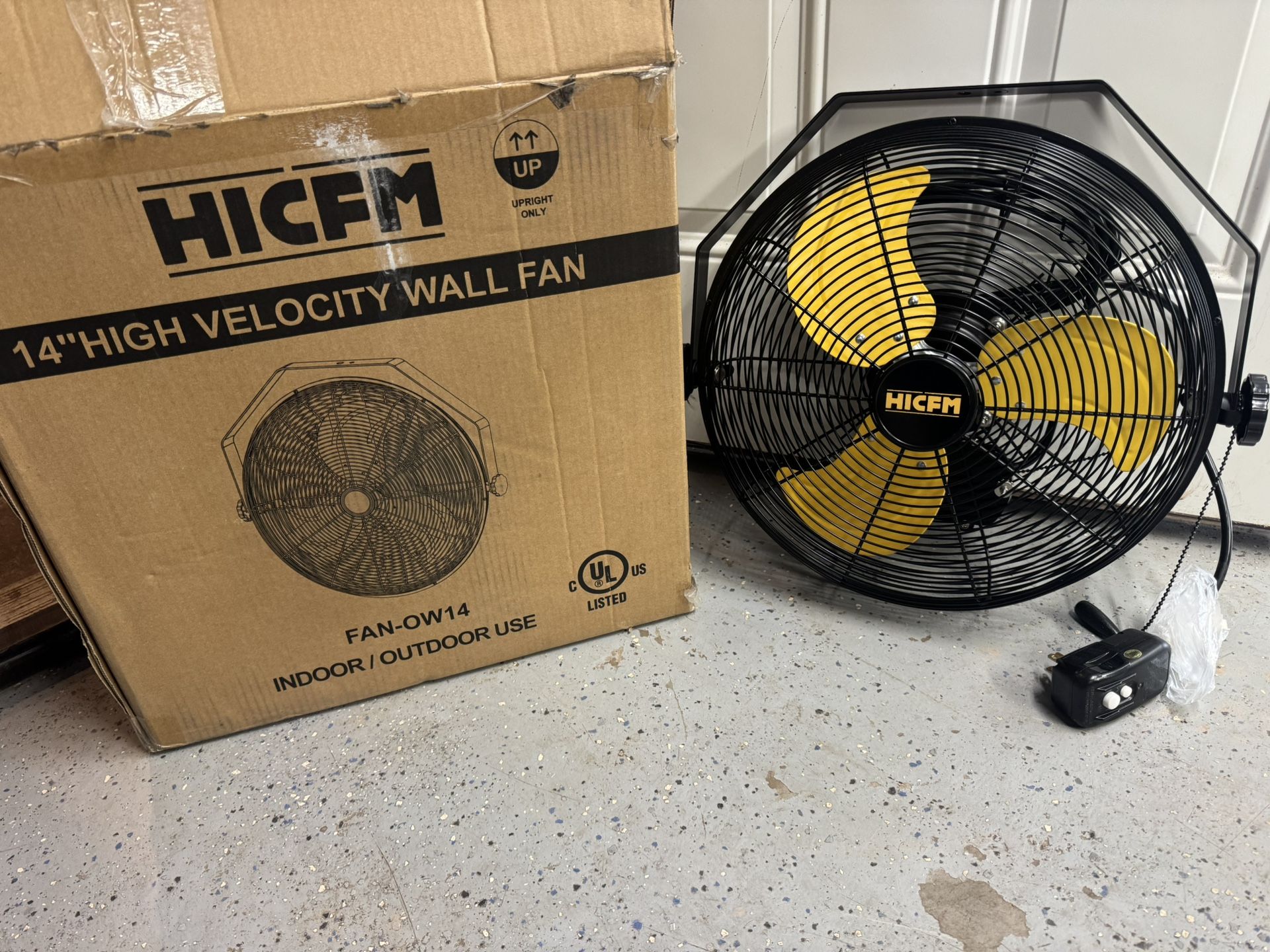 New In Box HICFM 14” High Velocity Wall Fan Indoor/Outdoor . You Must Pickup