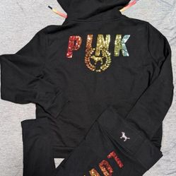 Victoria's Secret PINK Rainbow Bling Zip Up Jacket/Leggings  Set. Size L